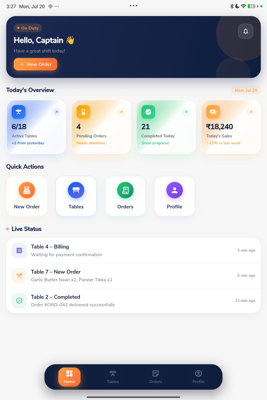 StayNexa Captain App — waiters take orders at the table on tablet